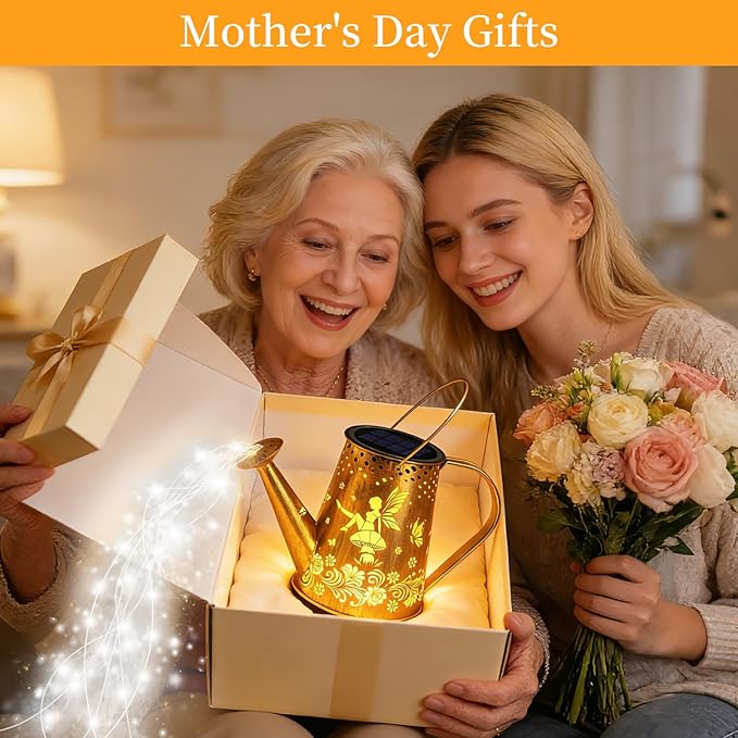 YJFWAL Solar Watering can with Lights, Unique Gifts for Mom Grandma Women Birthday, Waterproof Gardening Gifts Watering Can with Cascading Lights Outdoor Decor for Garden Patio Yard Pathway