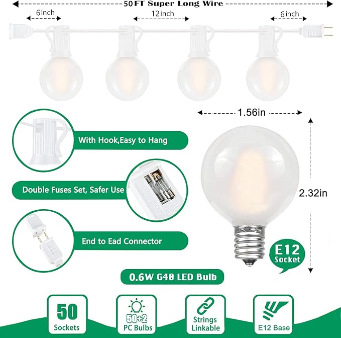 GOOTHY Outdoor LED String Lights, 50Ft with 52 Frosted White LED Globe Bulbs, Waterproof for Indoor/Outdoor Use, Perfect for Garden, Bistro, Pergola, Tents & Decorations, White