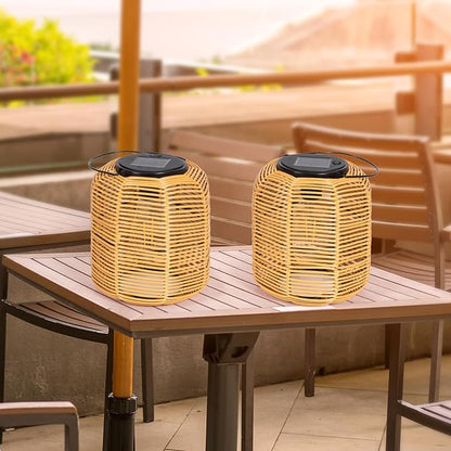 2PK Solar Lanterns Outdoor Waterproof Hanging Rattan Lantern Lights Solar Powered Decorative Table Lamp for Garden Patio Courtyard Lawn