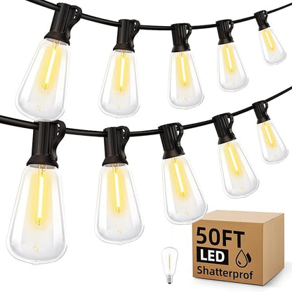 Outdoor String Lights, 50ft Waterproof ST38 Shatterproof Bulb Patio Lights, Backyard & Gazebo Hanging Lights