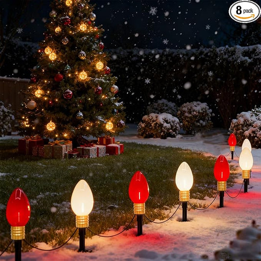 2 Pack Jumbo C9 Christmas Pathway Lights, 14FT Red & White LED Outdoor Path Lights, Waterproof Connectable Giant C9 Pathway Markers for Yard, Garden, Walkway, Christmas Decorations