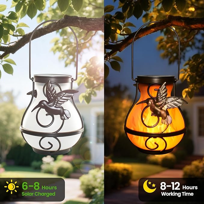 2-Pack Rustic Hummingbird Solar Lanterns for Backyard, Waterproof LED
