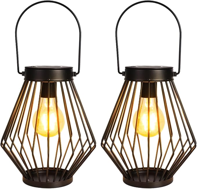 Solar Lanterns Outdoor Waterproof, 2 Pack Metal Decorative Hanging Lantern Lights with Warm White LED Bulb, Solar Powered Patio, Yard & Garden Decor, Ideal for Housewarming & Christmas Gifts