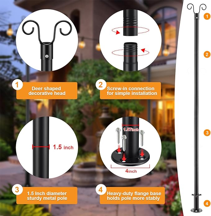 String Light Pole for Ground, 8FT Heavy Duty Adjustable Metal Poles for Outdoor String Light Hanging with Flange Base, Backyard, Garden, Patio, for Party (1 Pcs)