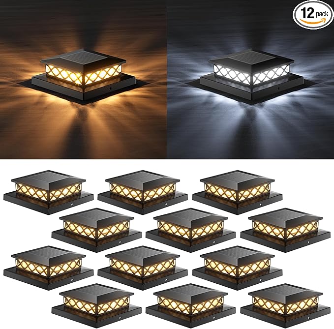 12-Pack Black Solar Yard Post Lights, Outdoor LED Caps