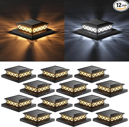 12 Packs Solar Post Cap Lights for Fence and Deck – Auto On/Off Outdoor Lighting, 2 Color Modes with 16 LEDs, Fits 4x4 5x5 6x6 Posts (Black)