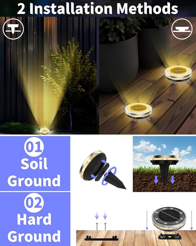 12-Pack Warm White Flat Solar Landscape Lights, Waterproof LED