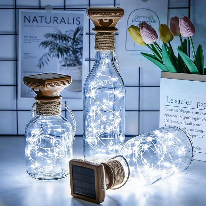 VOOKRY 8 Pack Solar Powered Wine Bottle Lights, 20 LED Waterproof Outdoor Solar Fairy String Cork Lights for Wedding,Christmas,Birthday,Halloween,Garden,Patio,Tabletop,Indoor Decor (Cool White)