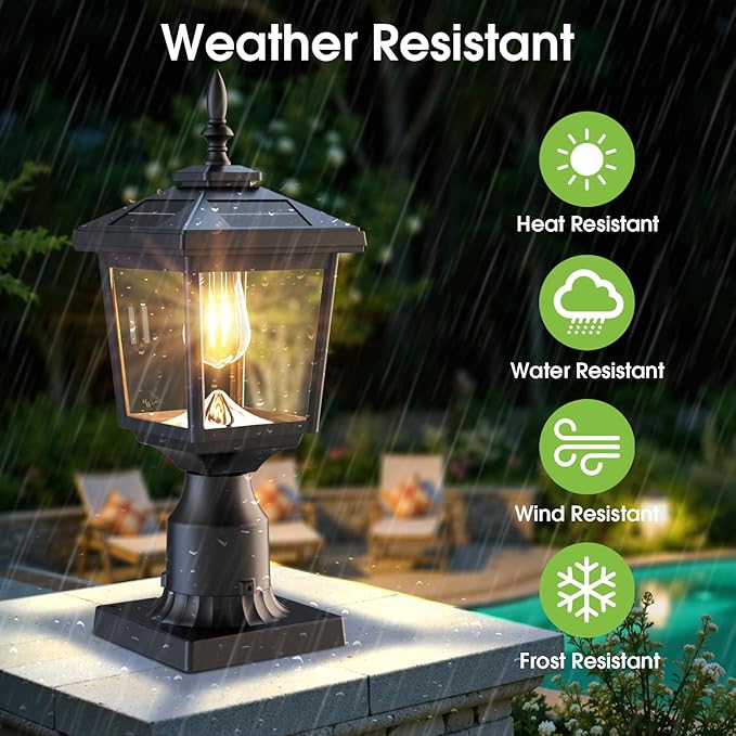 Greluna Solar Post Light with Pier Mount Base, 3000K Dusk to Dawn Lamp, Waterproof Outdoor Garden Yard Landscape Lighting, Decorative Pillar Light