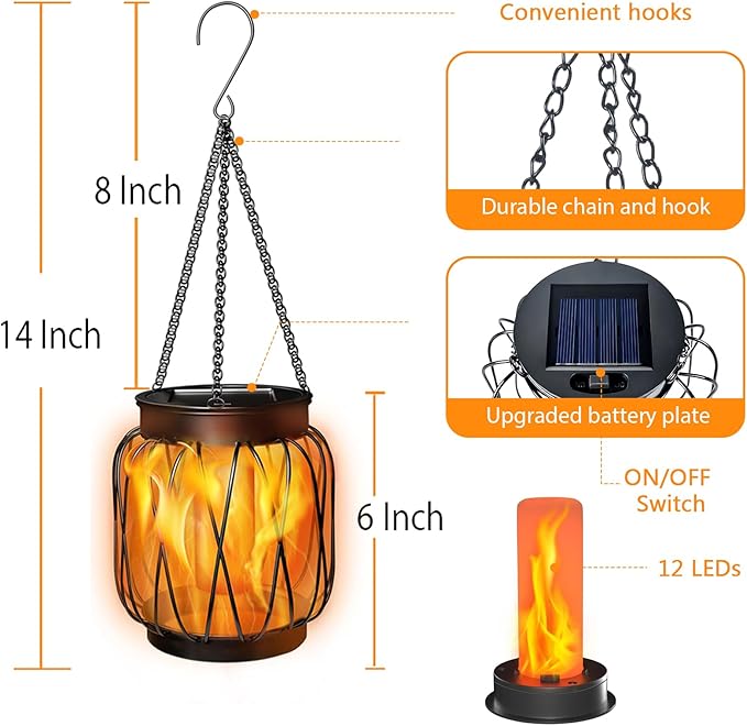 Solar Hanging Lantern Lights Outdoor Waterproof, 2 Pack Solar Flame Lantern with Hook, Metal Hanging Lanterns for Outside, Led Porch Lanterns for Patio Tree Camping Garden Decorative Lights
