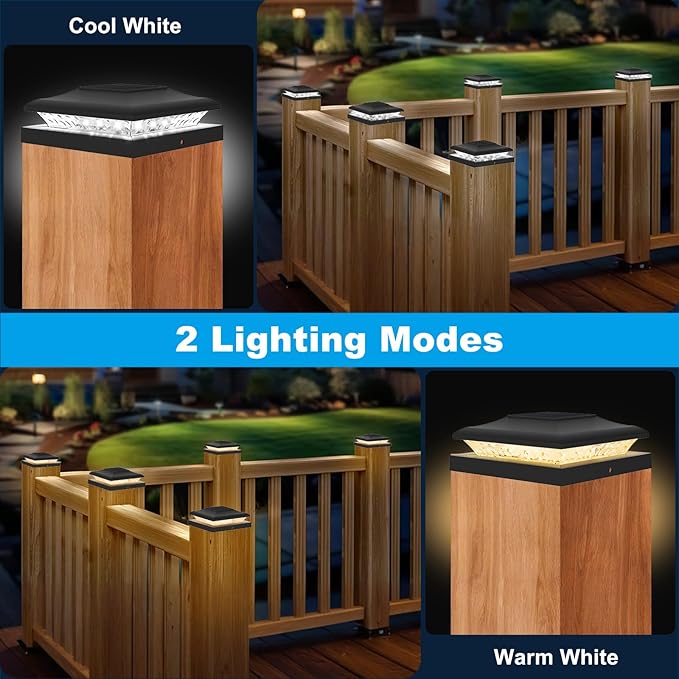 4 Pack Solar Post Cap Lights Outdoor, 2 Modes (Warm/White Light) Black Fence Post Solar Powered Lights Waterproof for 5x5, 5.5x5.5, 6x6 Wooden/Vinyl Posts Decorate Garden Deck Patio Porch