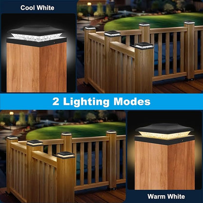 4 Pack Solar Post Cap Lights Outdoor, 2 Modes (Warm/White Light) Black Fence Post Solar Powered Lights Waterproof for 5x5, 5.5x5.5, 6x6 Wooden/Vinyl Posts Decorate Garden Deck Patio Porch