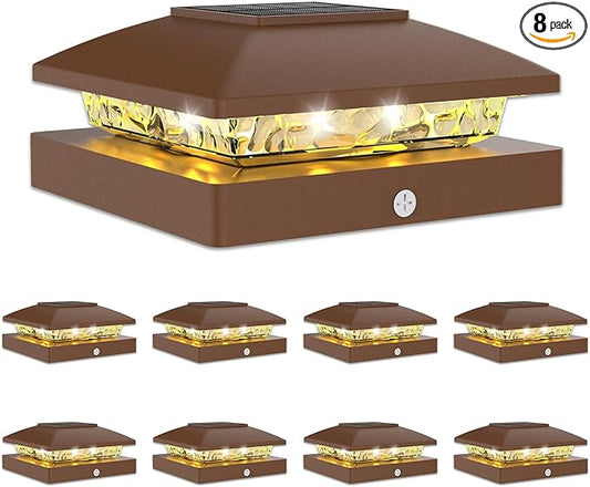 VOLISUN 4x4 Solar Post Cap Light 8pack,Solar Fence - Post Lights Brown Outdoor Waterproof for Wooden/Vinyl Post, with Warm White for Deck