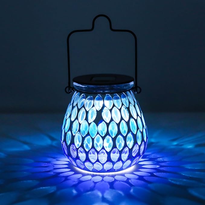 Afirst Mosaic Solar Lanterns - Glass Hanging Lights Hollow Out Waterproof Decorative for Garden, Patio, Holiday Party Outdoor Decoration, Blue-C, 5009420