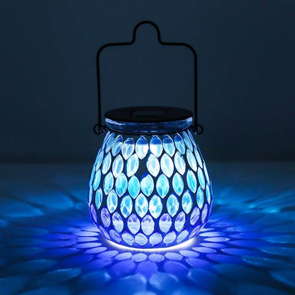 Afirst Mosaic Solar Lanterns - Glass Hanging Lights Hollow Out Waterproof Decorative for Garden, Patio, Holiday Party Outdoor Decoration, Blue-C, 5009420
