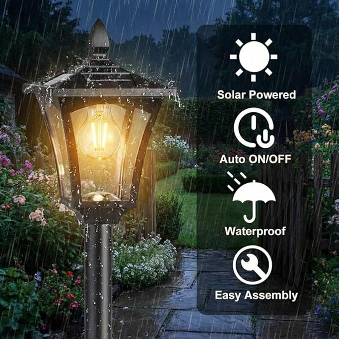 76" Solar Lamp Post Lights with Planter, Glass & Metal Street Light Outdoor Waterproof, 60 Lumens Dusk to Dawn Solar Pole Light for Garden, Yard, Driveway, Porch, Patio, Warm White