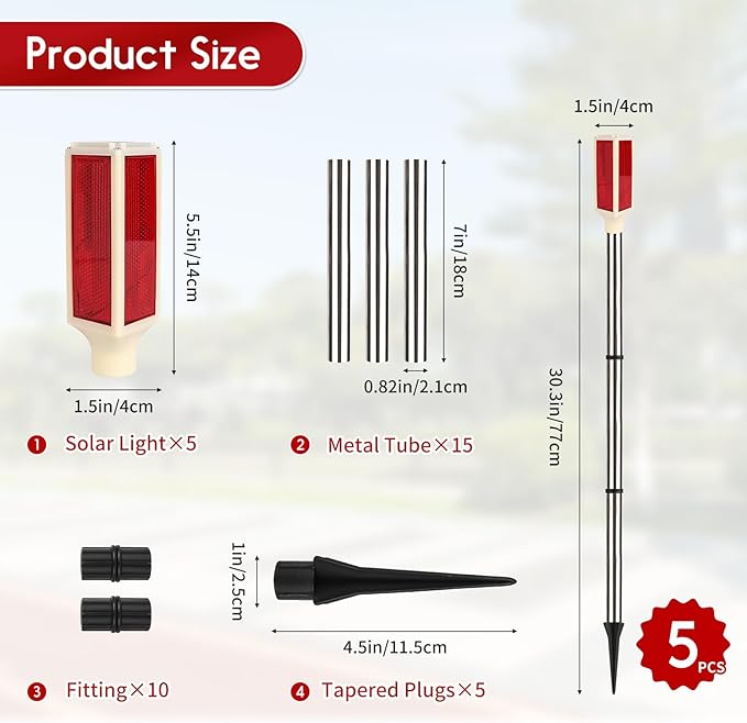 5 PCS Solar Driveway Markers Solar Powered Driveway Markers Driveway Lights Landscape Driveway Reflectors on Poles for Snow Road Outdoor Yard Parking Sidewalk