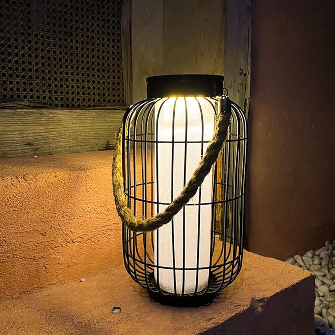 pearlstar Large Solar Powered Lantern Outdoor-Heavy Duty Metal Hanging Lights Decorative Solar Table Lamp Waterproof for Outside Patio Yard Garden Porch Tabletop Decor (Black)