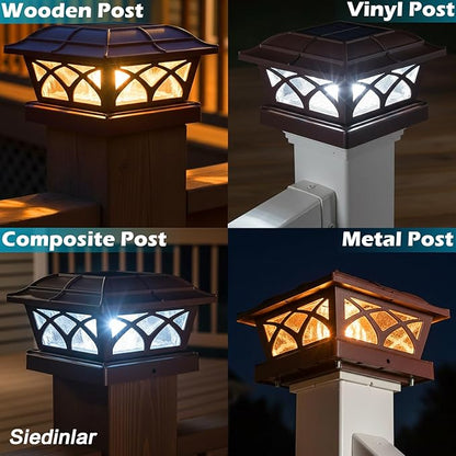 SIEDiNLAR Solar Post Cap Lights Outdoor Glass 2 Color Modes 8 LEDs for 4x4 5x5 6x6 Posts Deck Fence Patio Decoration Warm White & Cool White Lighting Brown (1 Pack)