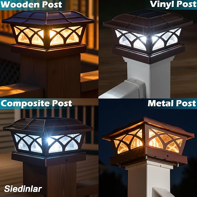 SIEDiNLAR Solar Post Cap Lights Outdoor Glass 2 Color Modes 8 LEDs for 4x4 5x5 6x6 Posts Deck Fence Patio Decoration Warm White & Cool White Lighting Brown (6 Pack)