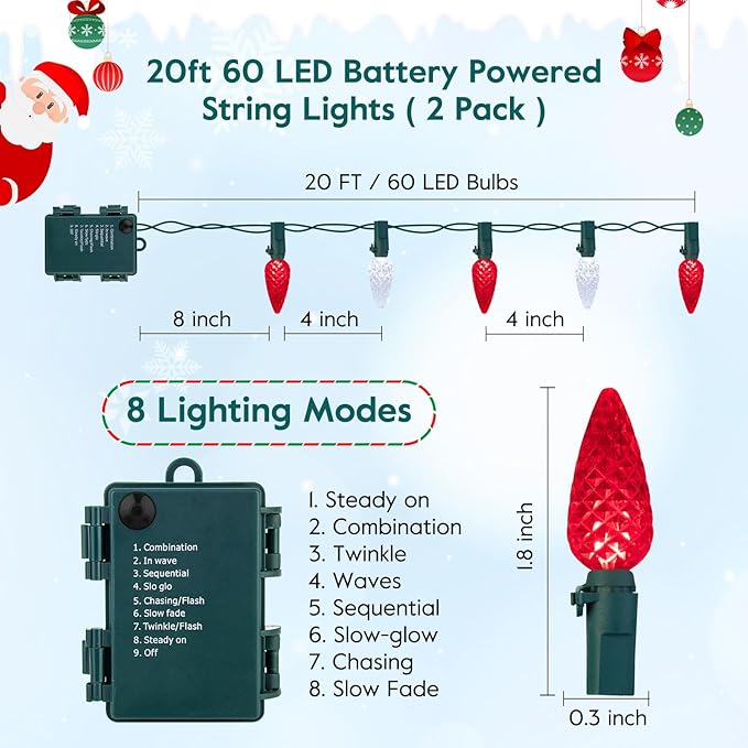 Christmas Backyard String Lights 2-Pack, 20ft 6 LED Waterproof
