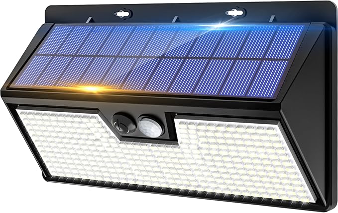 Solar Motion Lights Outdoor, 318 LED Waterproof Fence Light Solar Powered with 3 Lighting Mode, Cold White LED Step Light for Outside Wall Yard Deck Stairs Garden - 1 Pack