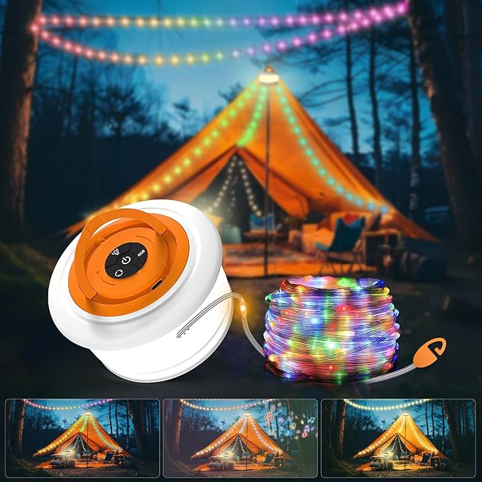 Camping String Lights, 3 in 1 Upgraded Retractable RGB Outdoor String Lights with 19 Lighting Modes,Quick 30s Recovery, 32.8 FT Portable Tent Lights, Rechargeable Camping Lantern (White&Orange)