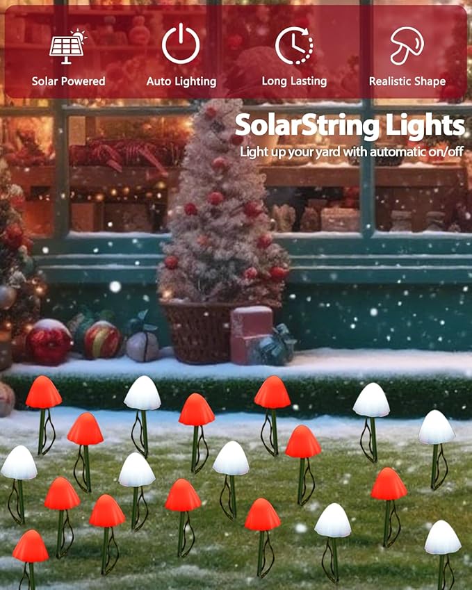 OZS 2PK 32LED 55FT Red and White Christmas Decorations Mushroom Solar Lights, Christmas Lights Outdoor with 8 Lighting Modes, Solar String Lights Waterproof for Outside Yard Party