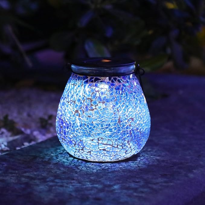 Afirst Mosaic Solar Lanterns Outdoor - Glass Hanging Solar Lights Hollow Out Waterproof Table Lamp Outdoor Decorative for Garden, Patio, Holiday Party Outdoor Decoration