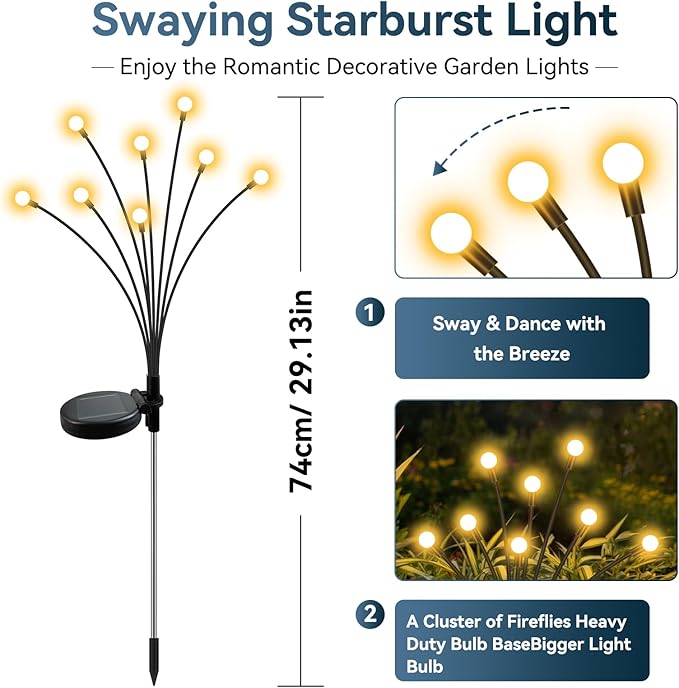 Solar Garden Lights Outdoor Waterproof, 2 Pack 16 LED Swaying Firefly Lights Outdoor Decor Light for Pathway Party Christmas Decoration, Unique Gifts for Women, Warm White