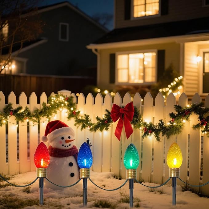 2 Pack Jumbo C9 Christmas Pathway Lights Outdoor, Total 14FT 8-Light Multicolor Diamond Connectable Plug in for Walkway, Fence, Yard, Garden