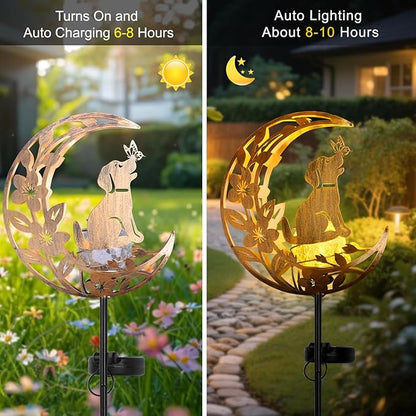 Lights Outdoor Decor Dog - Moon & Bird SolaGardenLights Waterproof, Auto On/Off Pathway Lighting for Yard/Lawn/Patio, Handcrafted Metal Solar-Stake-Lights for Outside Decorations