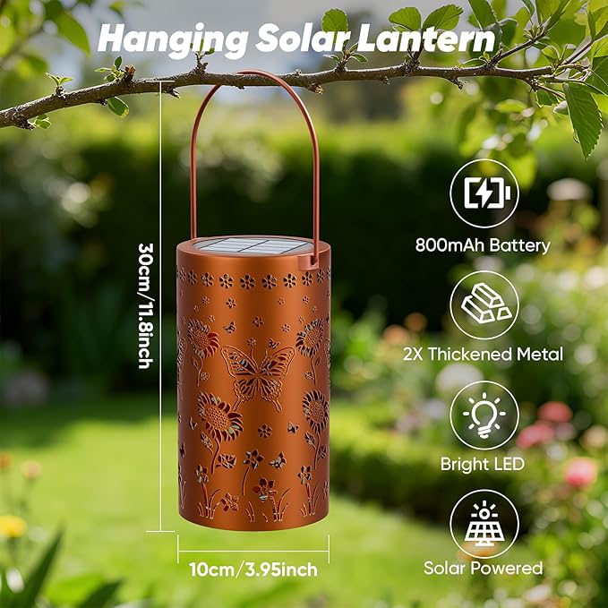 Solar Lanterns Outdoor Waterproof - Decorative Shadow Lantern with Sunflower Butterfly Pattern Design for Garden Patio Yard, Womens Gifts for Homeowners and Couples - 2 Pack