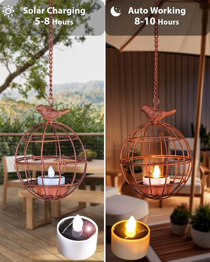 Outdoor Solar Hanging Lantern Lights, 4 Pack Rustic Ball Birdcage Hanging Candle Holder with Solar Tea Lights, Waterproof Chandelier for Patio, Backyard, Pergola, Tree Decor (Dark Orange)