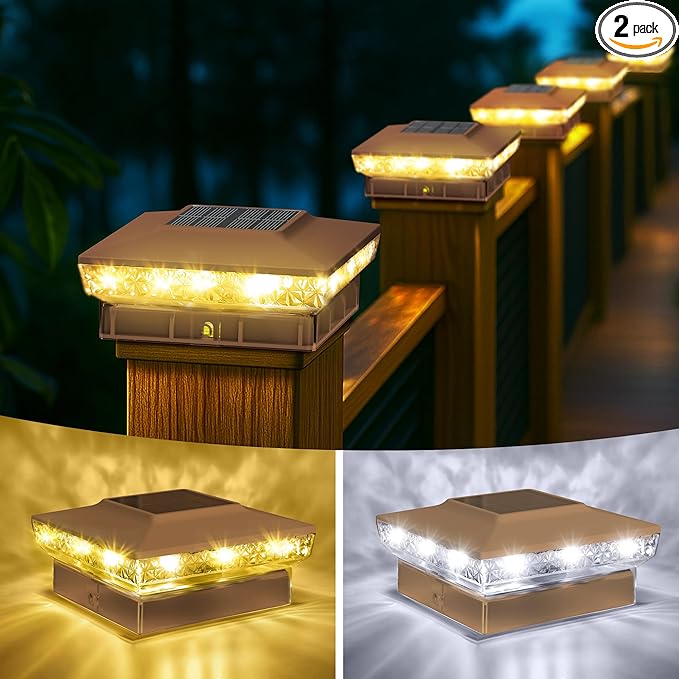 Solar Post Cap Lights, 2-Pack Upgraded Outdoor Deck Fence Post Solar Lights for 4x4 5x5 Wood/Vinyl Posts, IP65 Waterproof, 10-12 Hours Warm/Cool White Glow for Garden/Patio/Porch - Brown
