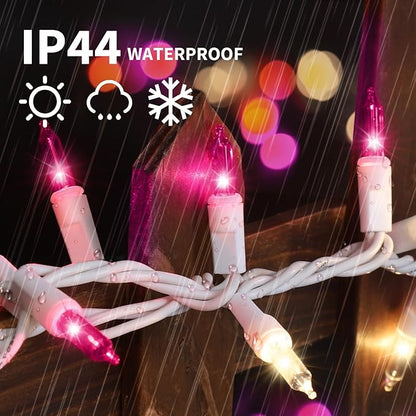 LAMPHOME Pink Clear Christmas Valentine's String Lights 100 Mini Incandescent Fairy Light，20 Ft White Wire Galentine's Day Lights Indoor & Outdoor Party Patio Bedroom Xmas Tree Garland Decoration