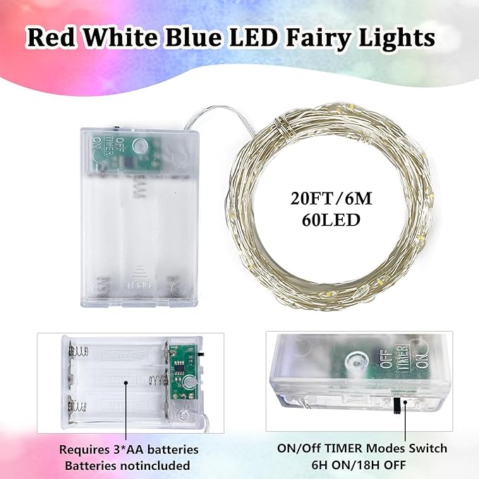 4 Pack 20FT 60LED Red White and Blue Battery Operated Fairy Lights with Timer, Waterproof Battery String Lights Outdoor Indoor, Battery Twinkle Lights for 4th of July Independence Day Decoration