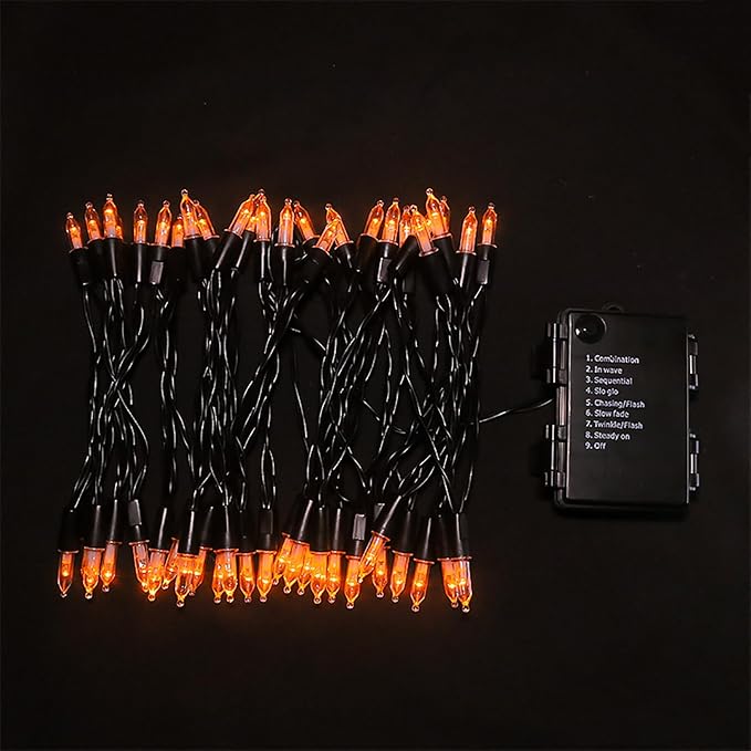 Battery Operated Halloween Lights - 2 Pack 50 LED Orange Mini String Lights for Small Tree, Wreath, Crafts, Indoor/Outdoor Halloween Decor, 8 Modes & Memory Function, 18.3 Feet Black Wire