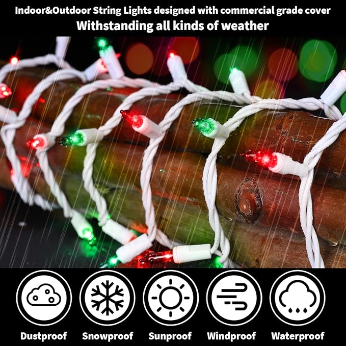 LAMPHOME 100 Count Red Green Christmas Lights, White Wire 20Ft Incandescent Holiday String Light Set for Indoor Outdoor Use Christmas Tree, Halloween, Valentine Wedding Lighting Decoration