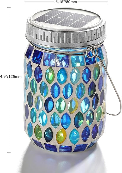 Cooo 4 Pack Mosaic Lanterns Outdoor Waterproof with 215% Larger Solar Panel, Never Rust Lids, True Capacity Battery- Solar Mason Mosaics Jar Lantern for Patio Garden Yard Balcony Christmas Decorations