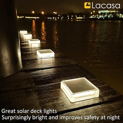 Lacasa Solar Deck Lights, 4 Pack 30LM LED Dock Lights Natural White 4000K, Outdoor Solar Powered Step Lights Light up All Night IP68 Waterproof Auto ON/Off for Garden Stairs Driveway Pathway Lighting