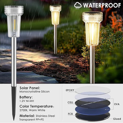 Mancra Solar Lights Outdoor Waterproof, 8 Pack Stainless Steel Tungsten Bulb Solar Pathway Lights Waterproof Garden Decor for Path Yard Lawn Walkway Driveway
