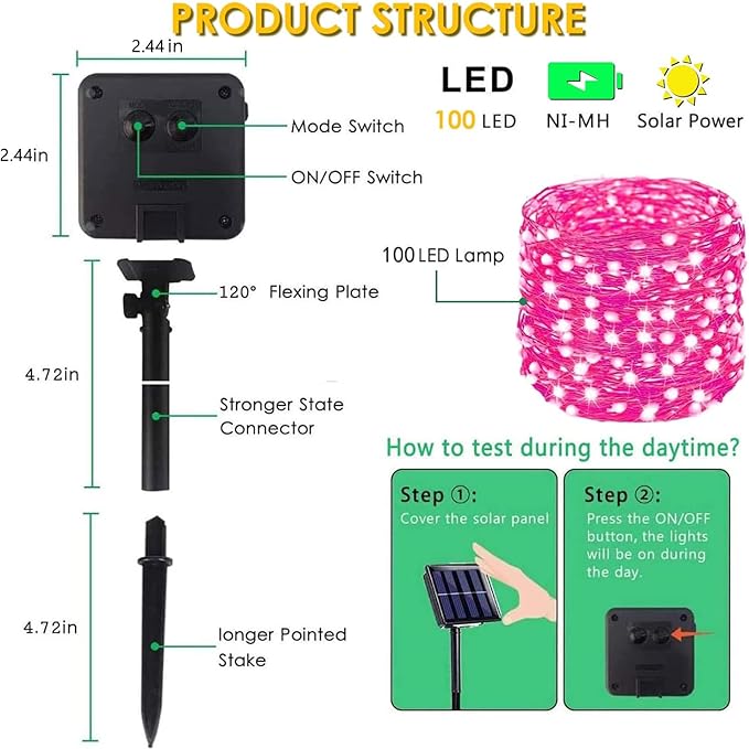 Solar Pink Valentine String Lights Outdoor, 2-Pack Total 80FT 200 LED Solar Twinkle Lights Outside Waterproof Copper Wire 8 Modes Fairy Lights for Garden Tree Party Birthday Xmas Valentines Day Decor
