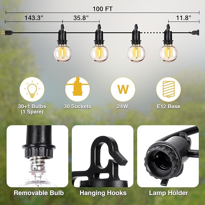Outdoor Globe Café String Lights, 100ft LED Bulbs