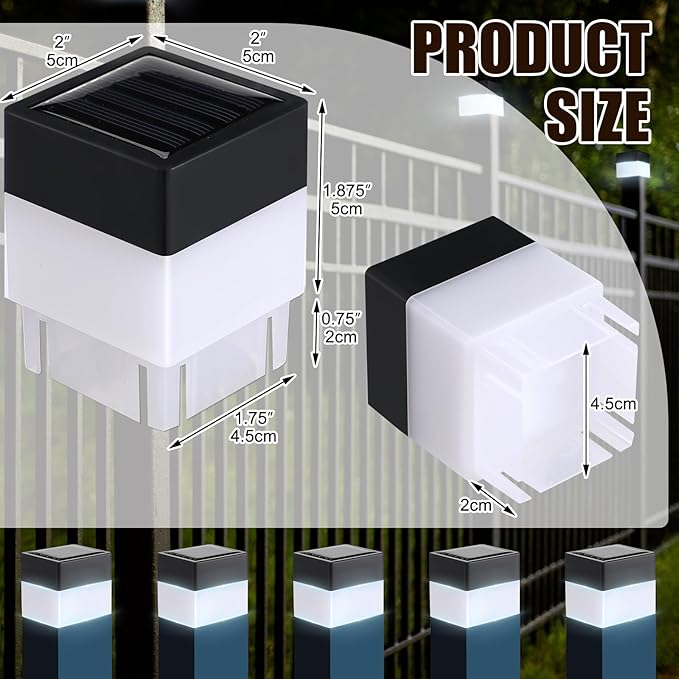 6 Pack Solar Fence Post Cap Lights 2In x 2In (5cm x 5cm) Solar Post Cap Fence Lights for Garden, Gazebos, Street Wall