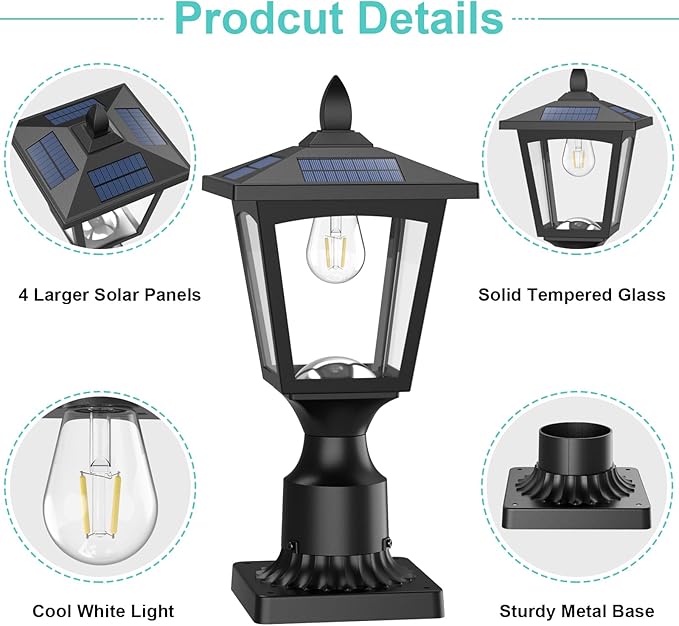 Greluna Solar Post Lights Outdoor, Solar Lamp Post Lights for Pathway, Driveway, Front/Back Door, Pack 1