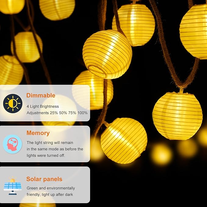 Solar Lantern String Lights Waterproof Outdoor, 40ft 40Led Warm White & Multi-Color Garden Lights Hanging Hemp Rope Nylon Lanterns with Remote, Timer for Yard, Balcony, Fences, Porch