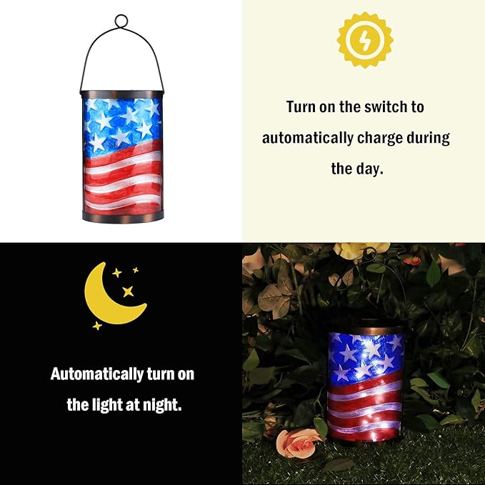 Afirst Solar Lantern Outdoor Hanging Glass Solar American Flag Lights Waterproof Led Lamp for Garden Yard Tree Desk Decor