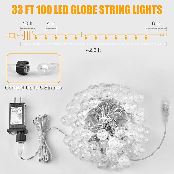 Outdoor String Lights, 33ft Warm White Waterproof LED