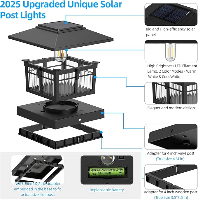 EXCMARK 4x4 Solar Post Cap Lights, 8 Pack Fence Deck Post Lights Outdoor Solar Powered Waterproof with Two Light Modes Warm&Cool White for Garden Patio Decor.(Classic Black, 8)